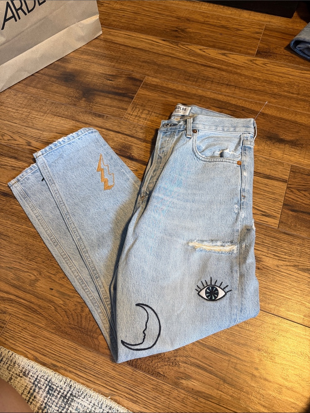 Agolde Light Wash Embroidered Moon & Eye High-Rise Jeans